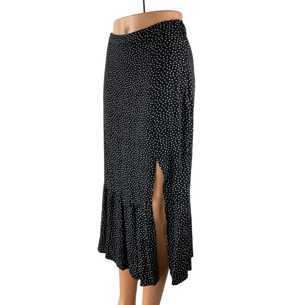 Abercrombie & Fitch Black White Polka Dots Side Slit Ruffle Slip Midi Skirt Sz S - Image 2