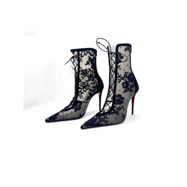 Christian Louboutin KM Lace Booty 100 Black Mesh Floral Lace Boots Sz 39.5 - Image 10