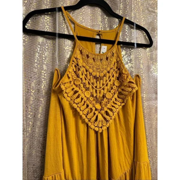 Three Bird Nest Perfection Tiered Maxi Dress Mustard Crochet Large - Image 3