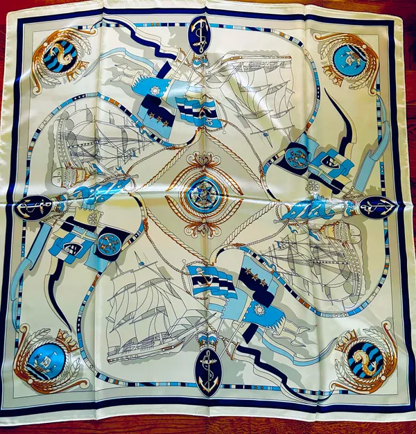 Vintage Square Sailing BOAT,WHEEL&Anchor 35/35 Oversized satin Silky SCARF - Image 2
