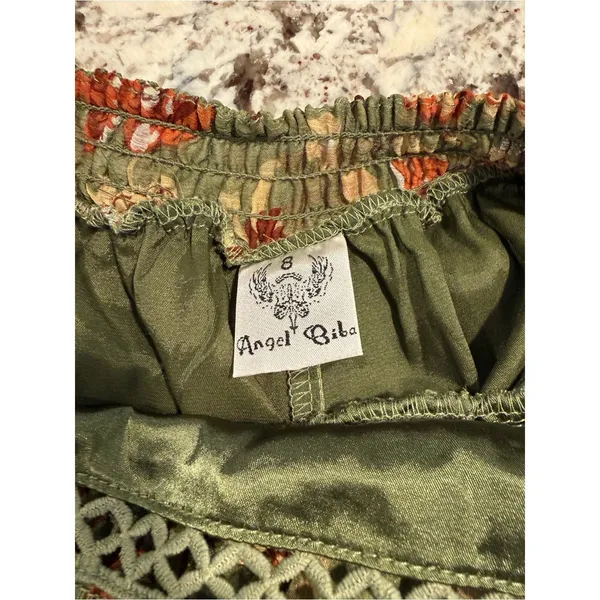 Angel Biba Size 8 Olive Floral Halter Mini Dress Boho Fit & Flare - Image 3