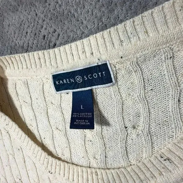 Karen Scott LRG Cream Cable Knit Crewneck Sweater Cotton Blend Speckled Academia - Image 3