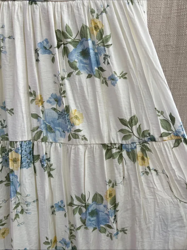 White Blue Yellow Floral Tiered Midi Dress Lace Tie Straps Large - Image 9