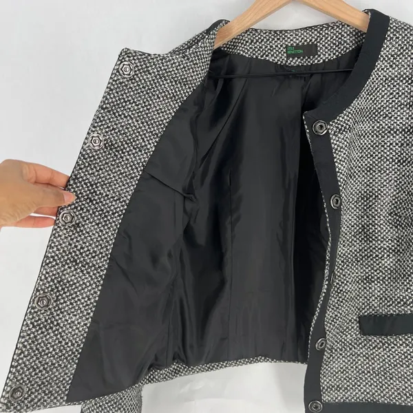 Stile Benetton Blazer Womens S Black White Tweed Casual Office Work‎ Snap Front - Image 8
