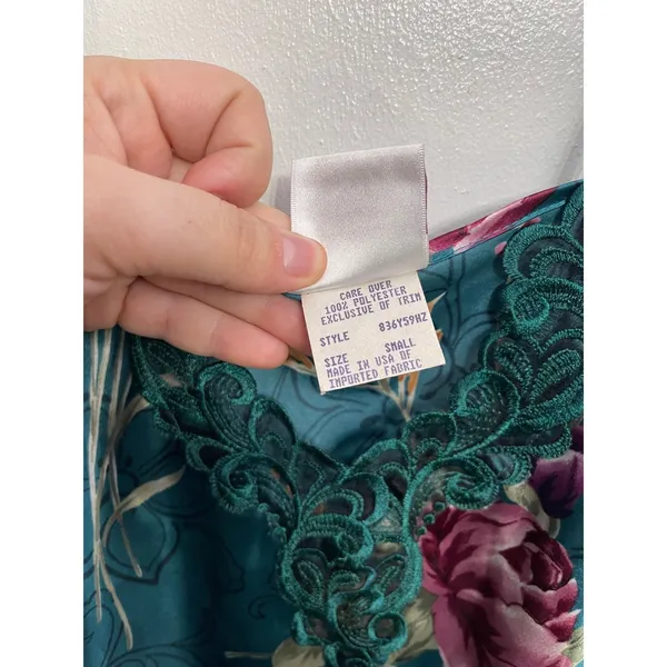 Vintage 90s Green Floral Satin Slip Fairy Grunge Lace Lingerie Top‎ Coquette S - Image 4