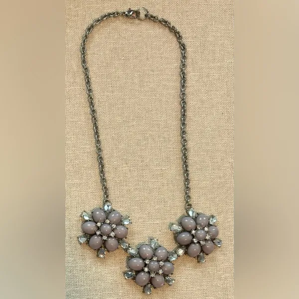 Blush Pink Rhinestone Floral Statement Necklace 3 Flower Bib - Image 7