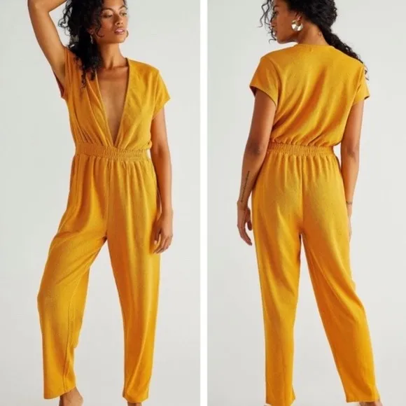 Free People Beach Rita One Piece Mustard Yellow Plunge Terry Jumpsuit Size Small - Image 2
