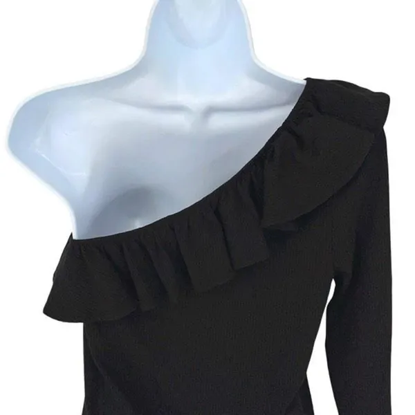 J.Crew Womens Ribbed Ruffled Neck One Shoulder Top Blouse Black‎ Size Medium NWT - Image 6