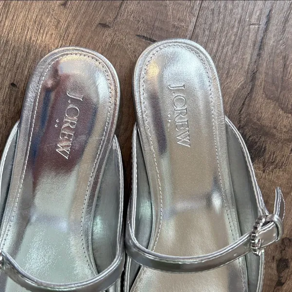 J Crew Silver Metallic Mary Jane Mules Gem Detail Size 8.5 Preppy Party Academia - Image 9