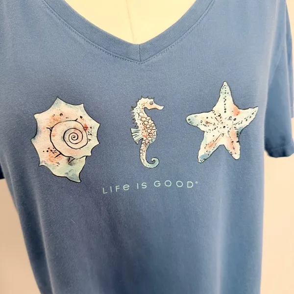 Life Is Good Tee Shirt Top Graphic Seahorse Seashells Starfish Beach Travel Blue - Image 2