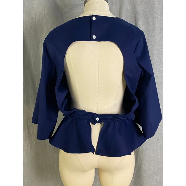Toit‎ Volant Navy Open Back Peplum Blouse Bell Sleeve Top M USA - Image 5