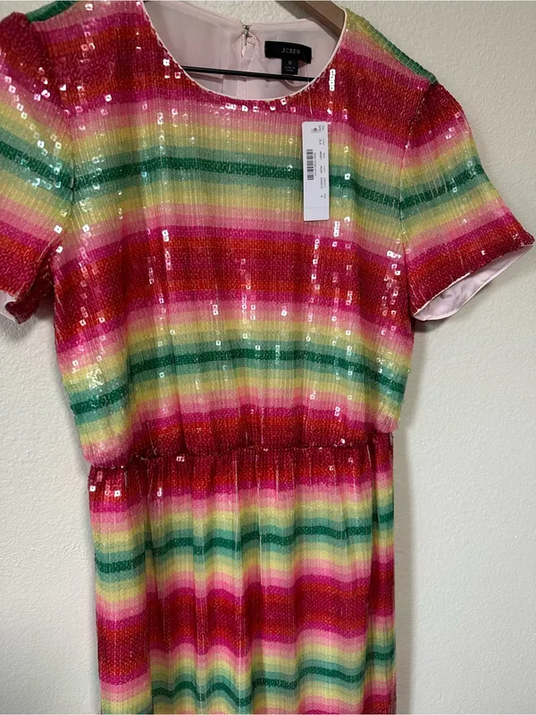 💗🆕J. Crew Watermelon Sequin Pink Multi-Stripe Midi Short Sleeve Dress✨NWT✨ - Image 5