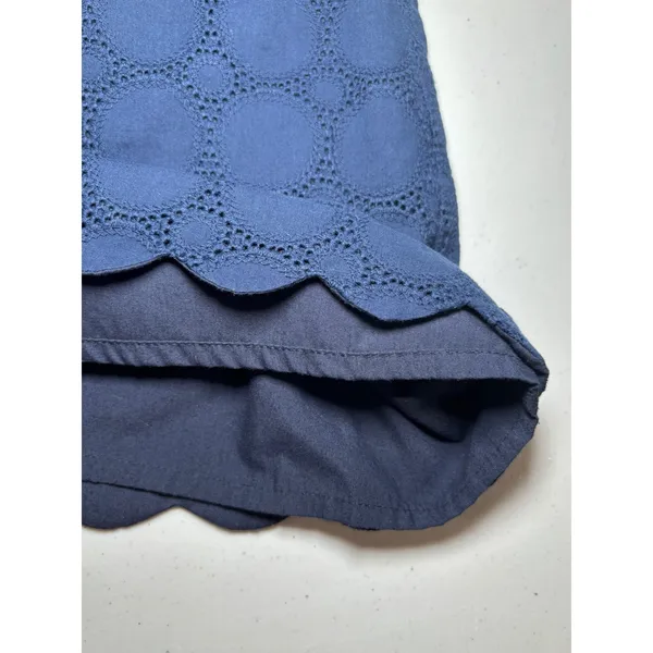 J.Crew‎ Navy Blue Eyelet Cotton Mini Dress 12 V-Neck Long Sleeve Lined Scallop - Image 9
