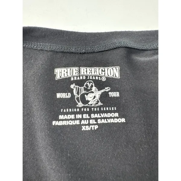True Religion Womens Black Buddha Guitar‎ Graphic V-Neck T-Shirt XS World Tour - Image 7