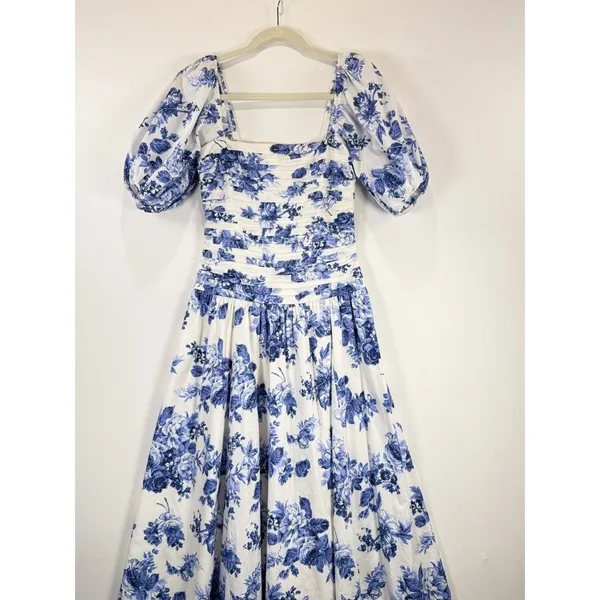 Abercrombie Fitch Midi Dress Blue Emerson Poplin Floral Puffed Pleated Boho XS - Image 6