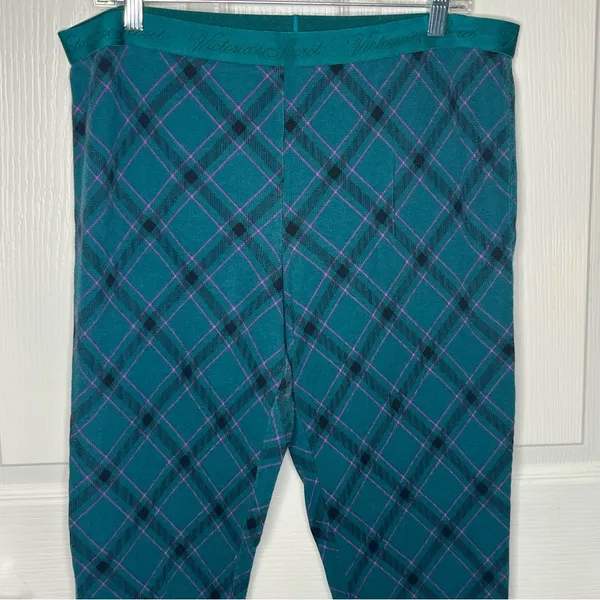 Victoria’s Secret Sz XL Long Pajama Set Teal Purple Black Argyle Plaid - Image 11