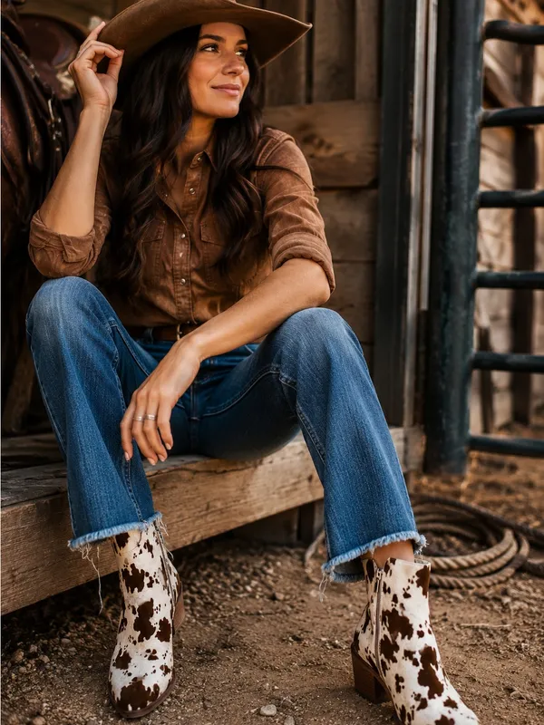 Maurices Brown and White Cowhide-Print Ankle Boots - Image 3