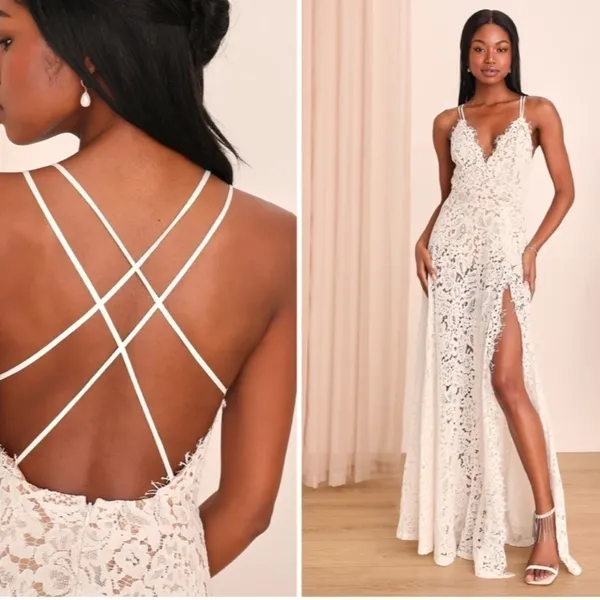 LULU's Sexy Romantic Flowy Eyelash Lace Bridal Shower Elopement Wedding Gown - Image 2