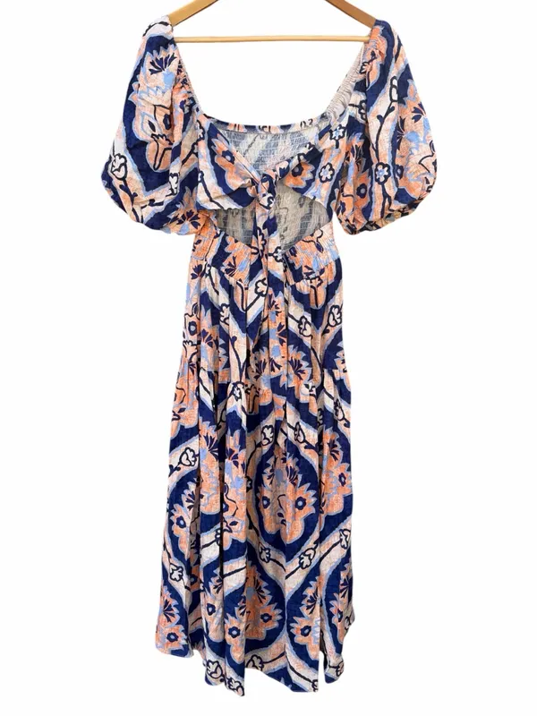 Moon River Navy and Peach Floral Puff-Sleeve Midi Dress - Image 2
