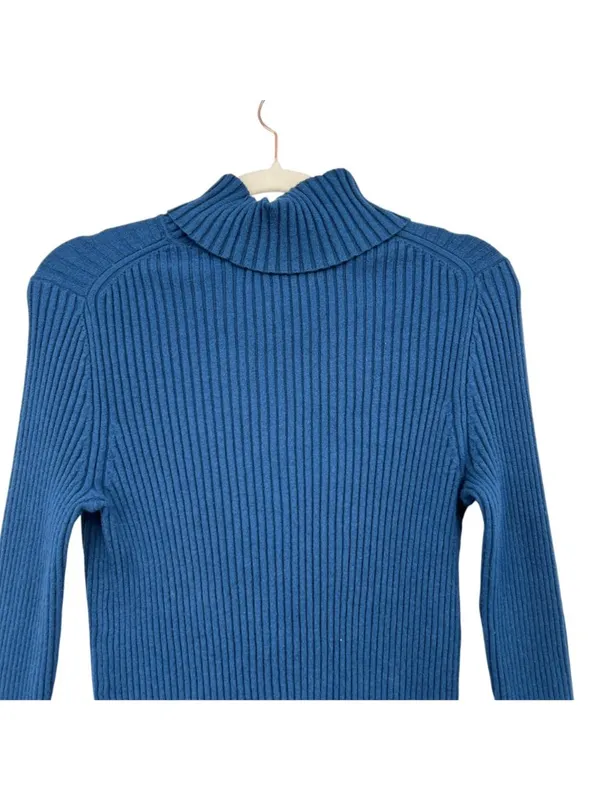 Banana Republic Blue Ribbed Fitted Turtleneck Sweater Size Medium 90s Minimalist - Image 5