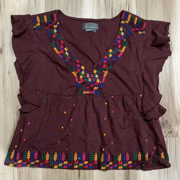 By Anthropologie Embroidered Ruffle-Sleeve Peplum Top Women’s Small - Image 2