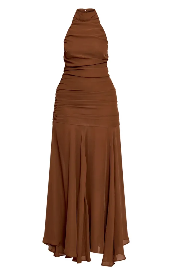Pretty Little Thing CHOCOLATE CHIFFON HIGH NECK MAXI DRESS - Image 4