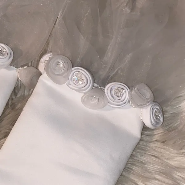 White Bridal Wrist Cuffs with Rose Trim - Image 2