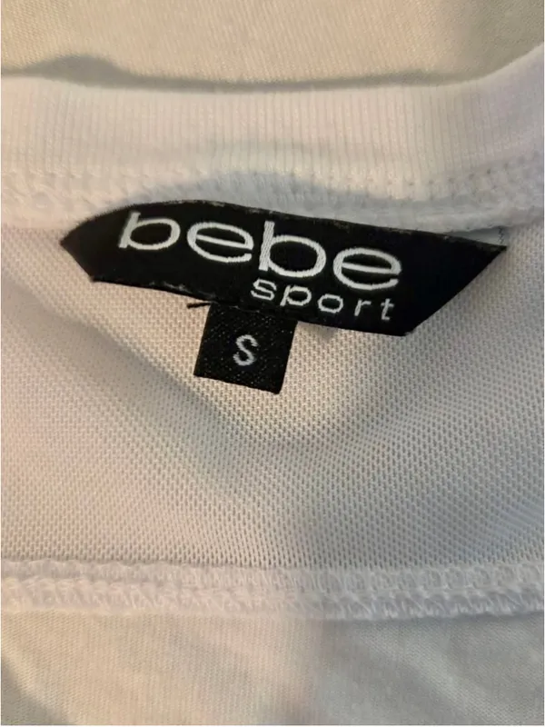 bebe sport Women’s Rainbow Logo V-Neck Mesh Yoke T-Shirt White Size S W-179 - Image 3