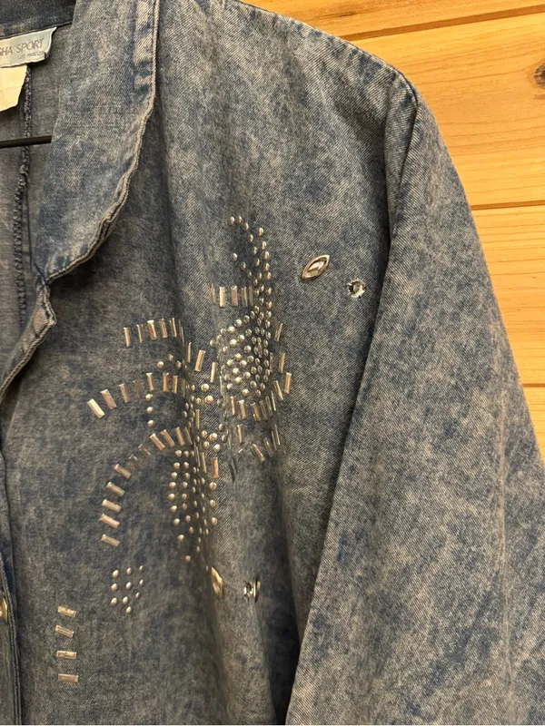Vintage Marsha Sport Medium Acid Wash Denim Bedazzled Zip Front Jacket Retro 80 - Image 6