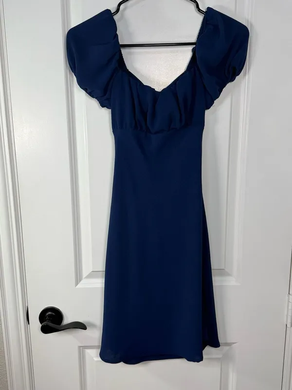 Altar'd State Navy Blue Ruched Off-the-Shoulder Bow-Back Mini Dress - Image 4