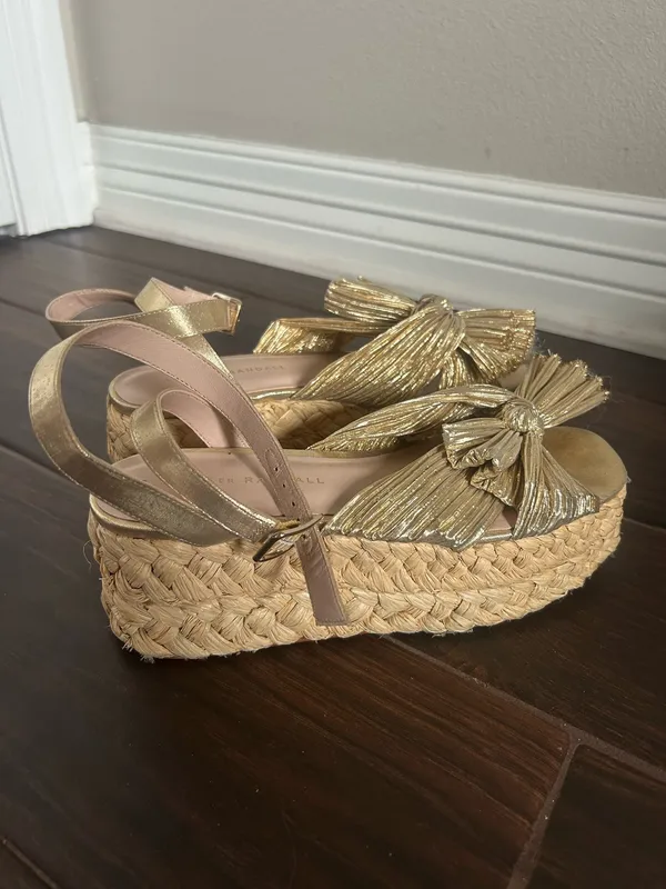 Loeffler Randall Gold Bow Pleated Espadrille Wedge Sandals Ankle Strap - Image 2