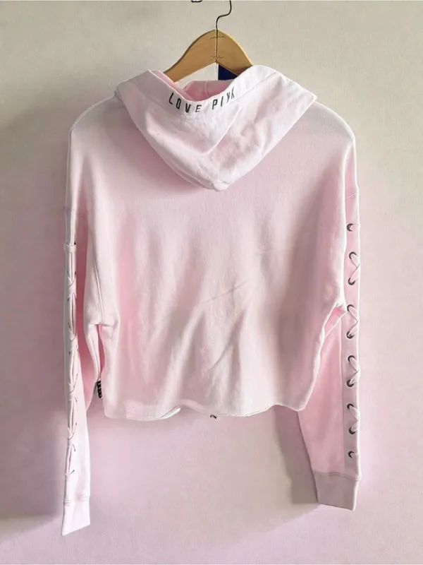 PINK Victoria's Secret Pastel Pink Cropped‎ Lace-Up Sleeve Hoodie - Image 2