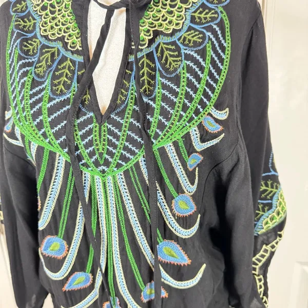 Metropark Boho Embroidered Peacock Tunic Dress Festival Resort Rayon Small Artsy - Image 5