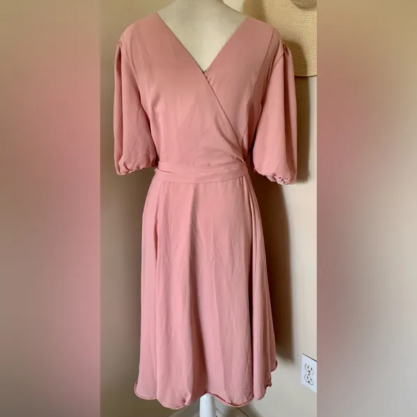 FAME AND PARTNERS Georgette Blush Pink V-Neck Wrap Cocktail‎ Feminine Dress Sz 14 - Image 4