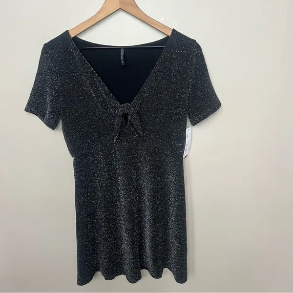 Urban Outfitters NWT Sparkly Tie Front Black Short Sleeve Dress Size Medium - Image 3