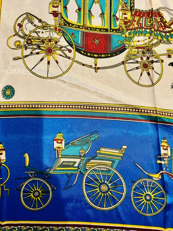 VINTAGE EQUESTRIAN horse&carriage ROYAL BLUE silky SCARF 35’/35’ inches - Image 15