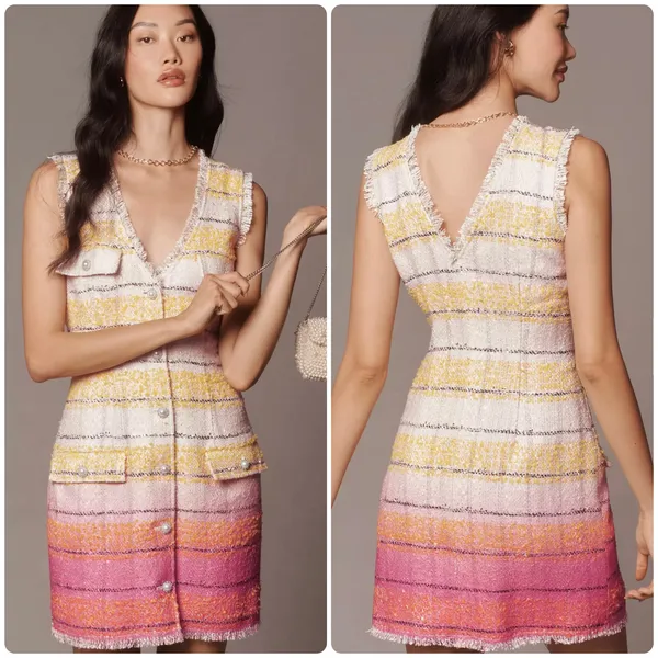 Maeve Anthropologie Sleeveless Tweed Mini Dress Pink Yellow White V-neck size 2 - Image 2