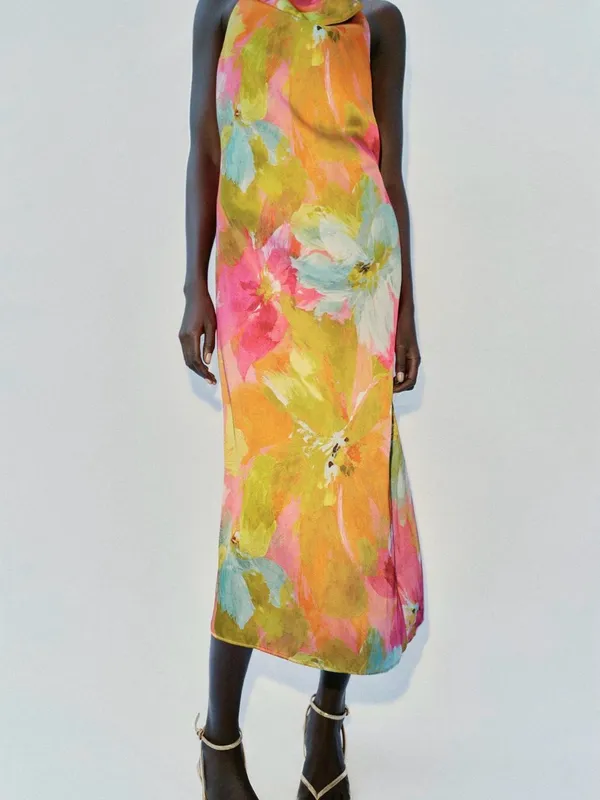 ZARA Floral Halter Midi Dress in Pink and Yellow - Image 2