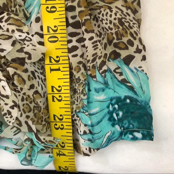 Rare Y2K Belissimo Leopard patchwork fitted shirt top blouse turquoise floral button ruffles boho hippie indie office siren core long sleeve-M - Image 8