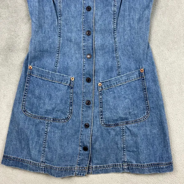 VTG Guess Jeans Junior Sz‎ 3 Mini Dress Blue Denim Sleeveless Button Front 90s - Image 4