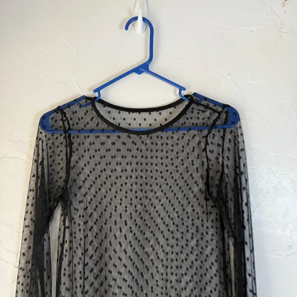 Sheer Black Polka Dot Mesh Long Sl Top Women's Swoss Dot‎ Blouse Small Going out - Image 2