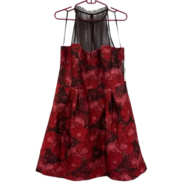 Maggy London Red Jacquard Cocktail Wedding Guest Illusion Yoke Dress Womens 16 - Image 10