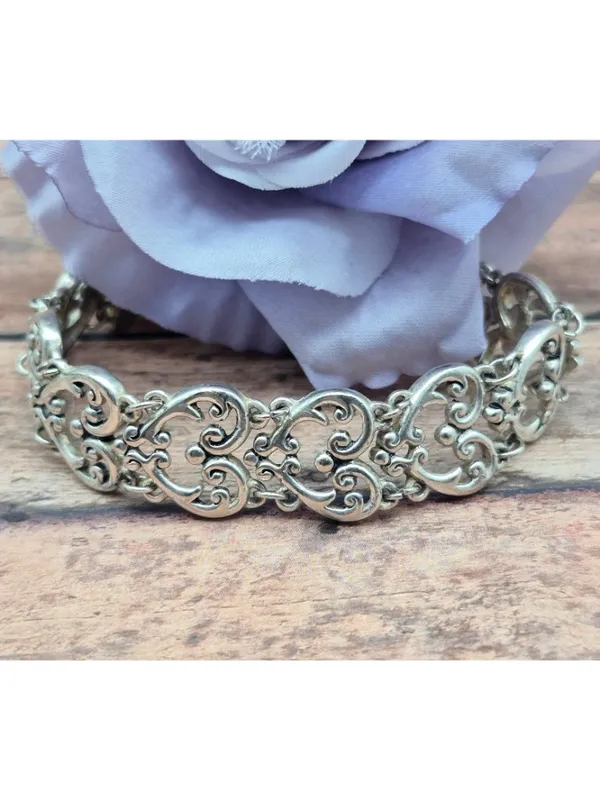 Silver Tone Ornate Heart Scroll Filigree Link Bracelet 7” Magnetic Clasp - Image 6
