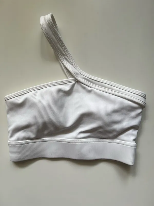 One Shoulder White Ribbed Seamless Crop Top Sculpting Minimalist Athleisure XS/S - Image 2