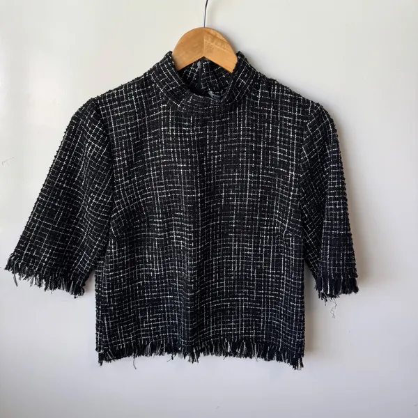 Zara Tweed Top Mock Neck Fringed Hem Cropped Black‎ White Career XS - Image 5
