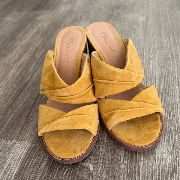 Madewell Sari leather suede crisscross block heel sandals mustard yellow 7.5 - Image 10