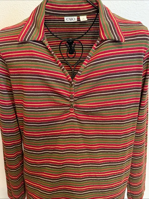 🎇🎇🎇3for 12$🎇🎇🎇Cato Striped Polo Top in Red, Olive & Brown-XL - Image 2