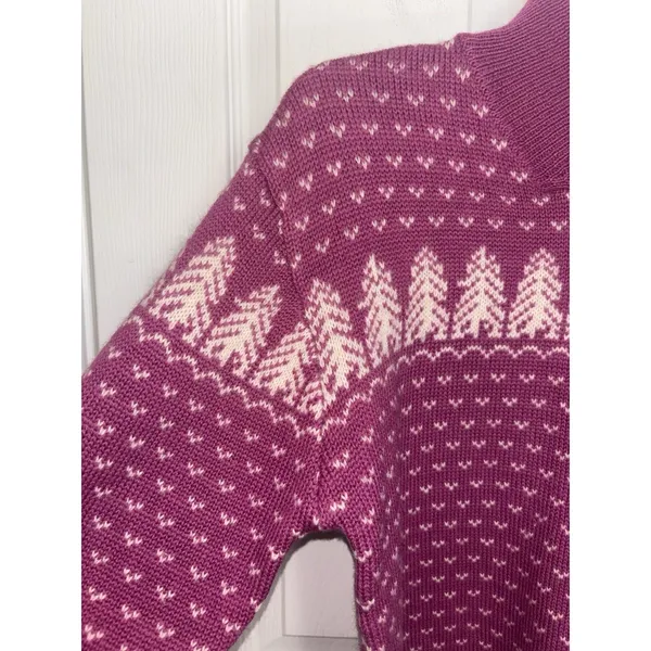 Vtg 90s Sierra Woolens Fair Isle Wool Sweater Pine Tree Print Mock Neck S/M - Image 7