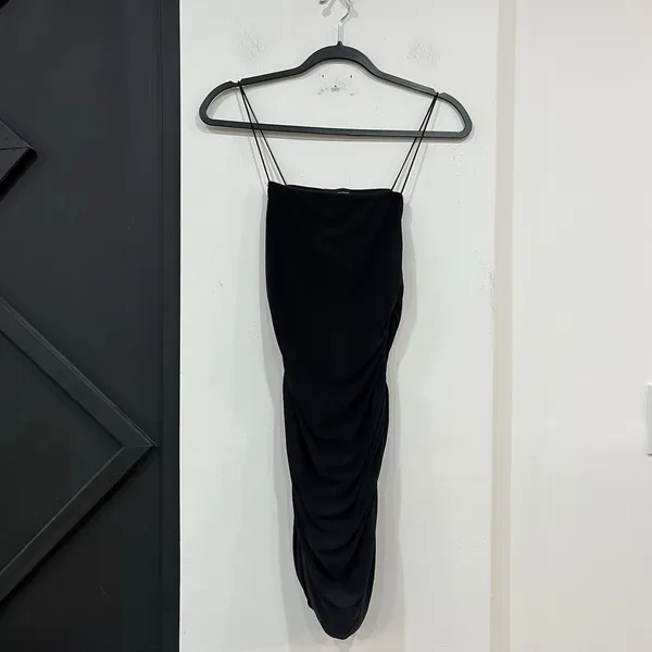 Pretty Little Thing Black Bodycon Ruched Dress US 4 UK 8 Strappy Party Cocktail - Image 2