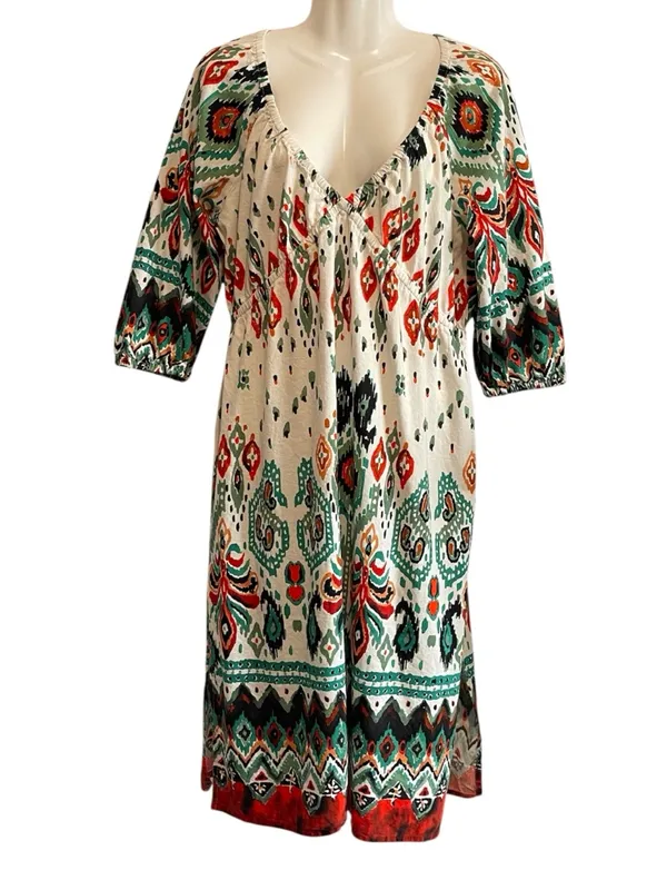 VENUS Printed V-Neck Midi Dress in Green, Cream & Orange - Image 3